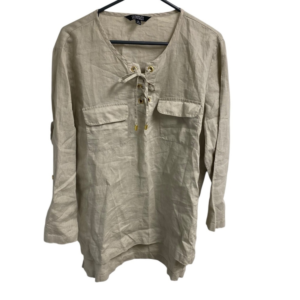 Ellen Tracy Ladies Size XL Beige Linen Pull On Top 3/4” sleeves, gold hardware
